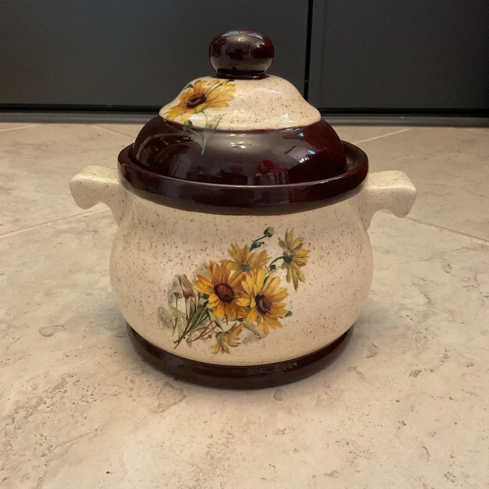 Vintage Sunflower Ceramic Stoneware Crock with Lid Brown Cream Speckle Handle